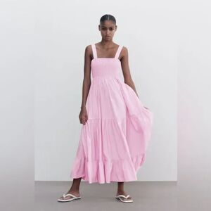Zara Bloggers Favorite Strappy Poplin Midi Dress Ruffled Hem Pink size Large
